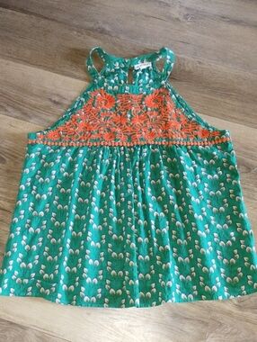 THML Green Floral Halter Tank with Orange Embroidery